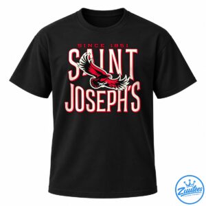 Saint Joseph's Since 1851 graphic with oversized cream and red lettering and a soaring red, black, and cream hawk.