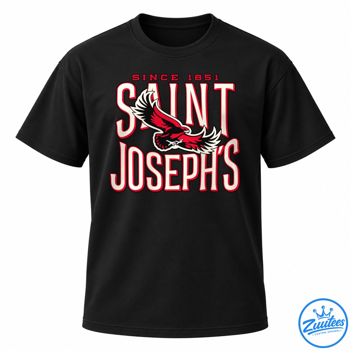 Saint Joseph’s Since 1851 Hawks College Sports Shirt Saint Joseph's Since 1851 graphic with oversized cream and red lettering and a soaring red, black, and cream hawk.