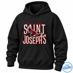 Saint Joseph's Since 1851 graphic with oversized cream and red lettering and a soaring red, black, and cream hawk.