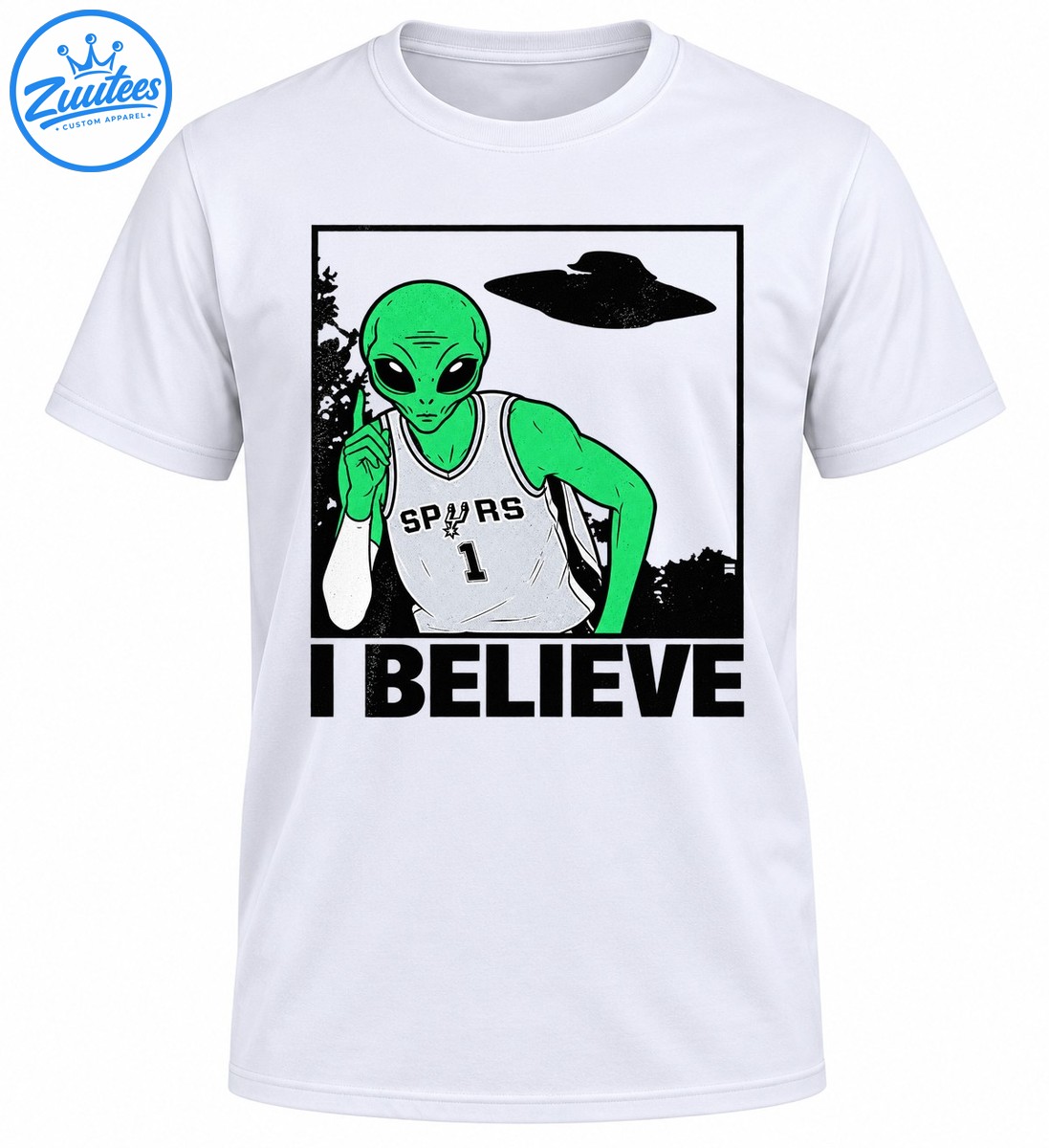 Green alien in a gray SPURS number 1 basketball jersey pointing upward beneath a UFO with bold I BELIEVE text Green alien in a gray SPURS number 1 basketball jersey pointing upward beneath a UFO with bold I BELIEVE text