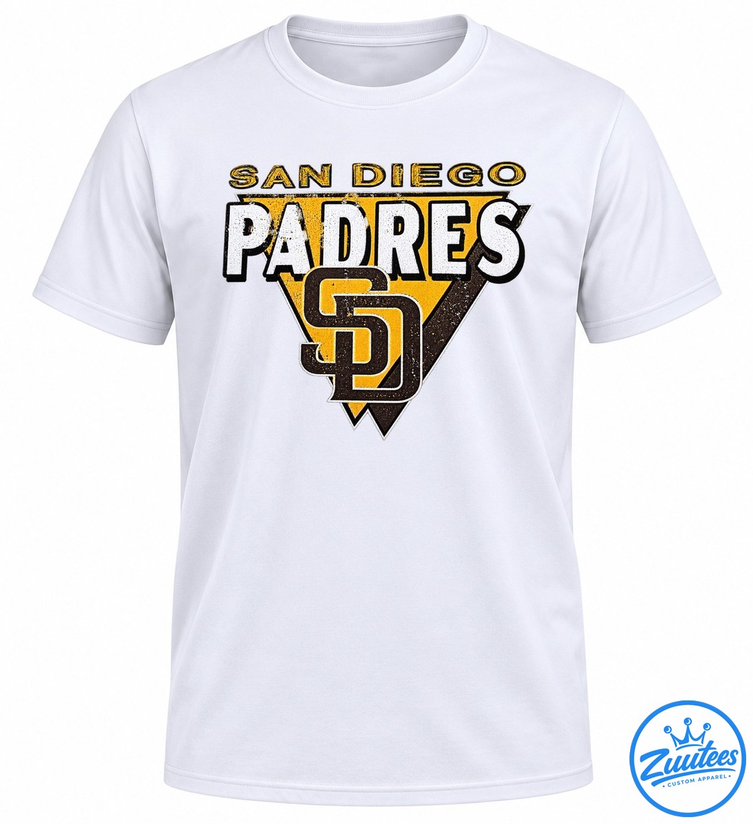 San Diego Padres Friar Faithful Logo Shirt San Diego Padres shirt design with distressed gold shield, white PADRES lettering, and brown interlocking SD logo.