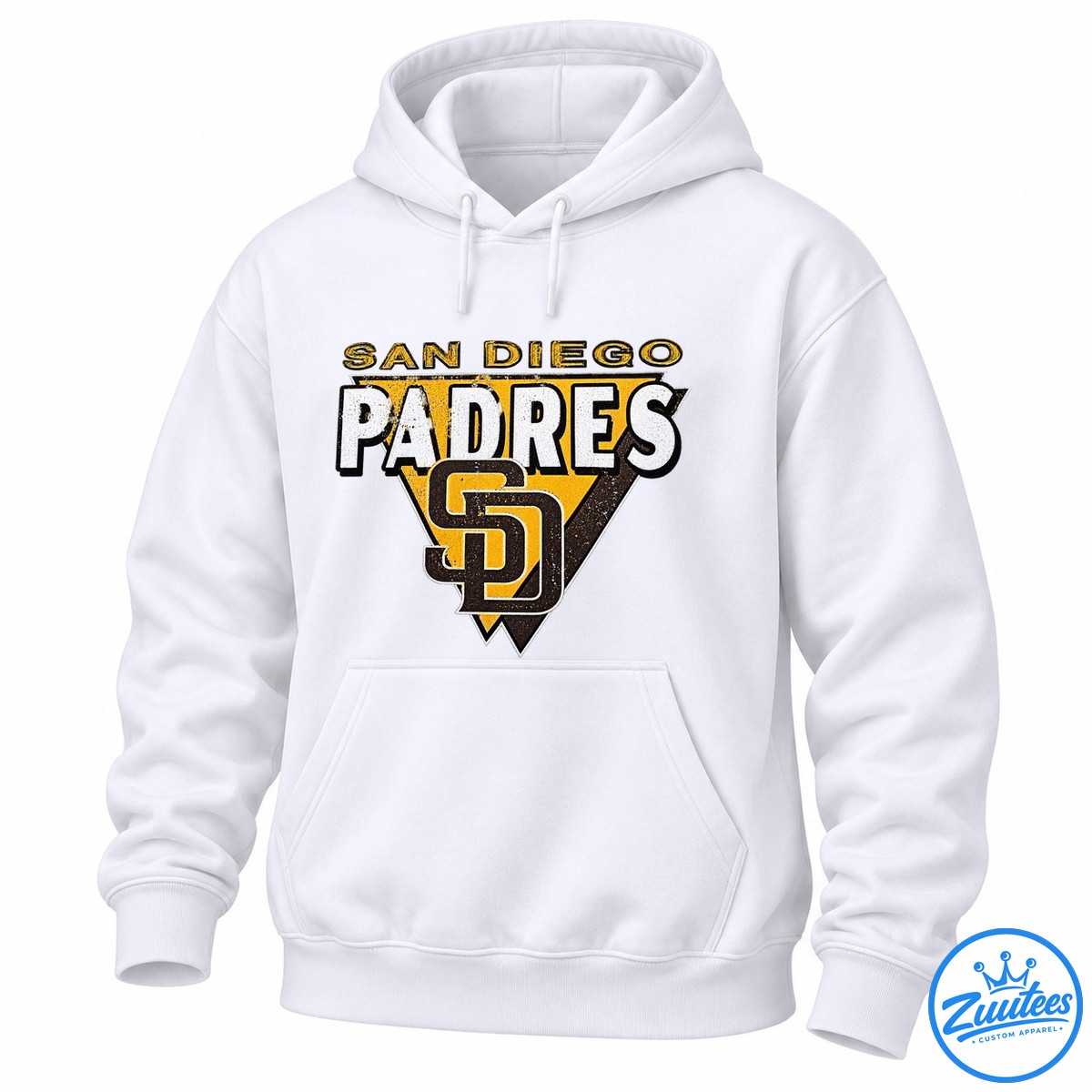 San Diego Padres Friar Faithful Logo Shirt San Diego Padres shirt design with distressed gold shield, white PADRES lettering, and brown interlocking SD logo.