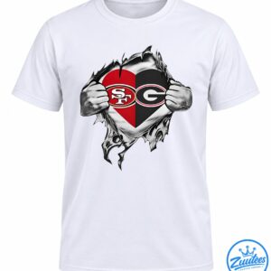 Split heart football shirt design with SF and G logos, red and black colors, and silver metallic fists.