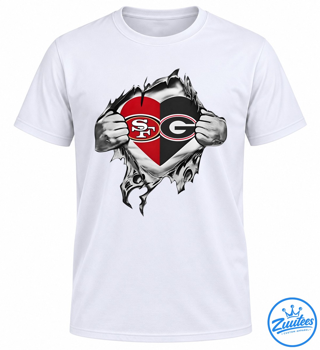 San Francisco 49ers And Georgia Bulldogs Heart Logo Shirt Split heart football shirt design with SF and G logos, red and black colors, and silver metallic fists.