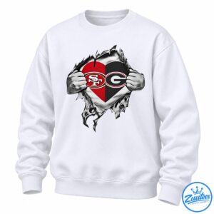 Split heart football shirt design with SF and G logos, red and black colors, and silver metallic fists.