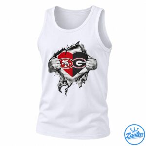 Split heart football shirt design with SF and G logos, red and black colors, and silver metallic fists.