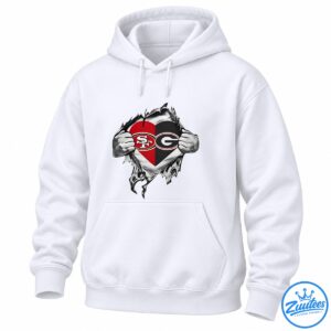 Split heart football shirt design with SF and G logos, red and black colors, and silver metallic fists.