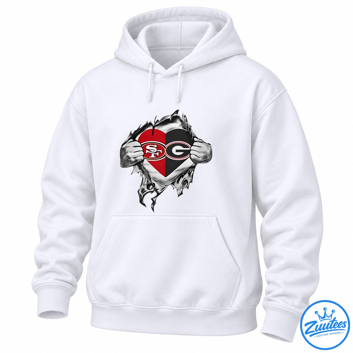 San Francisco 49ers And Georgia Bulldogs Heart Logo Shirt Split heart football shirt design with SF and G logos, red and black colors, and silver metallic fists.
