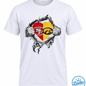 Split red and gold heart with SF and hawk emblems revealed by torn metallic silver material and muscular hands.