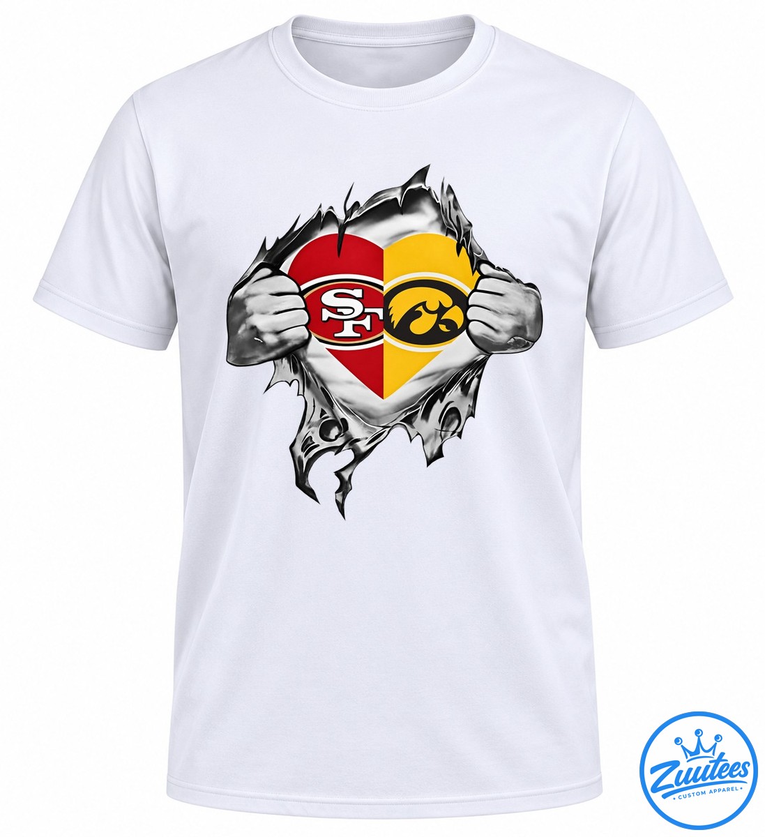 San Francisco 49ers And Iowa Hawkeyes Heart Logo Shirt Split red and gold heart with SF and hawk emblems revealed by torn metallic silver material and muscular hands.