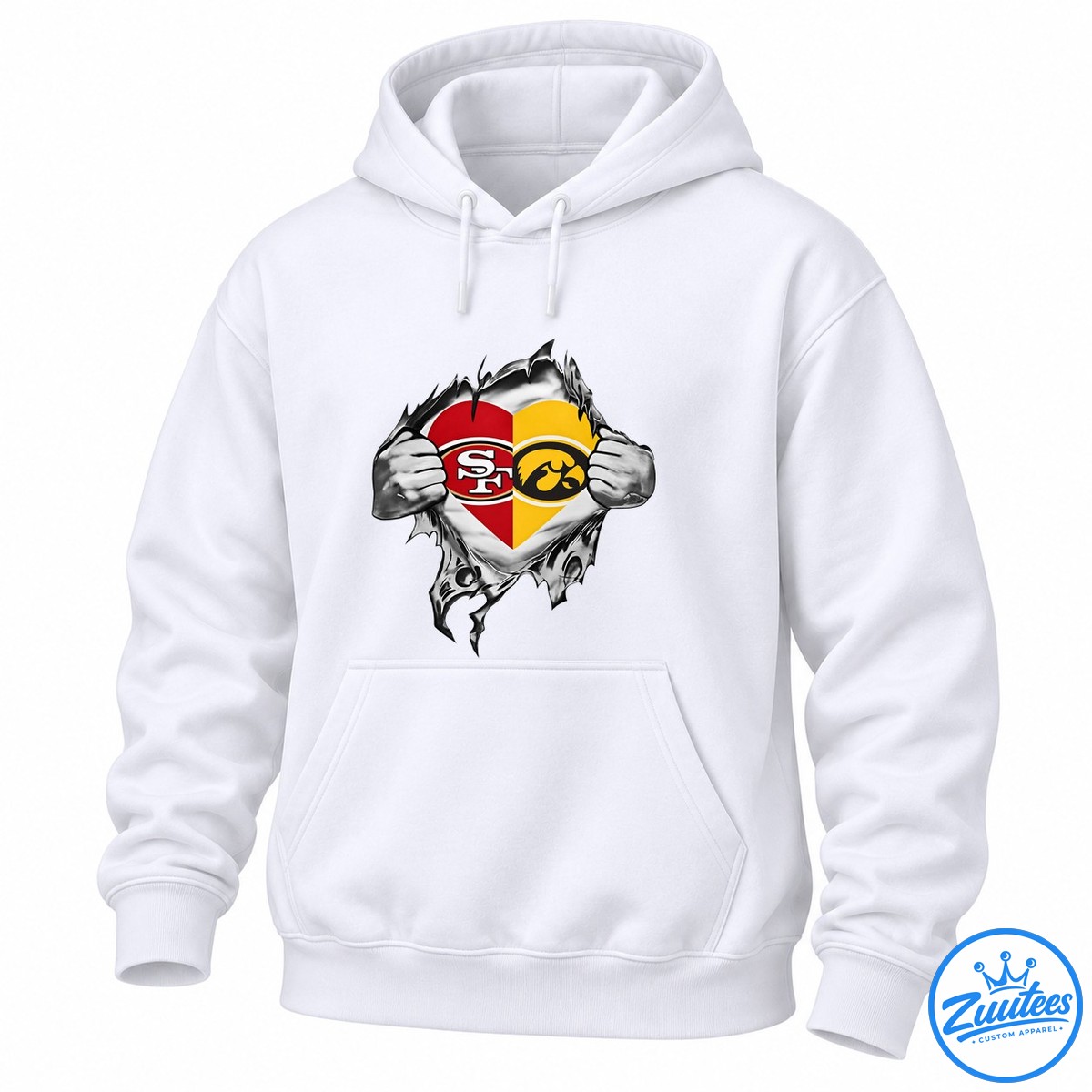 San Francisco 49ers And Iowa Hawkeyes Heart Logo Shirt Split red and gold heart with SF and hawk emblems revealed by torn metallic silver material and muscular hands.