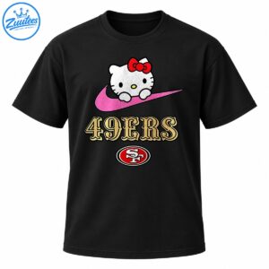 White cartoon kitty with a red bow on a pink swoosh above gold 49ERS lettering and a red oval emblem