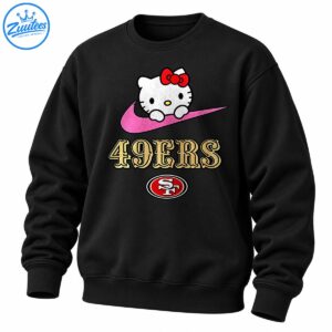 White cartoon kitty with a red bow on a pink swoosh above gold 49ERS lettering and a red oval emblem