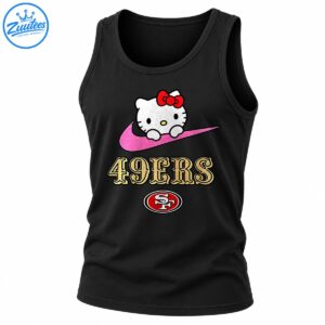 White cartoon kitty with a red bow on a pink swoosh above gold 49ERS lettering and a red oval emblem