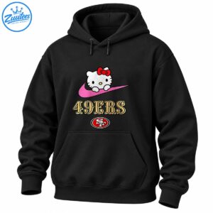 White cartoon kitty with a red bow on a pink swoosh above gold 49ERS lettering and a red oval emblem