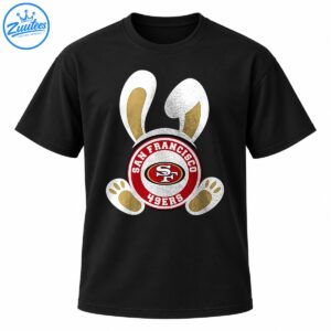 Easter bunny graphic with white ears, gold accents, paw prints, and a distressed red San Francisco 49ers emblem