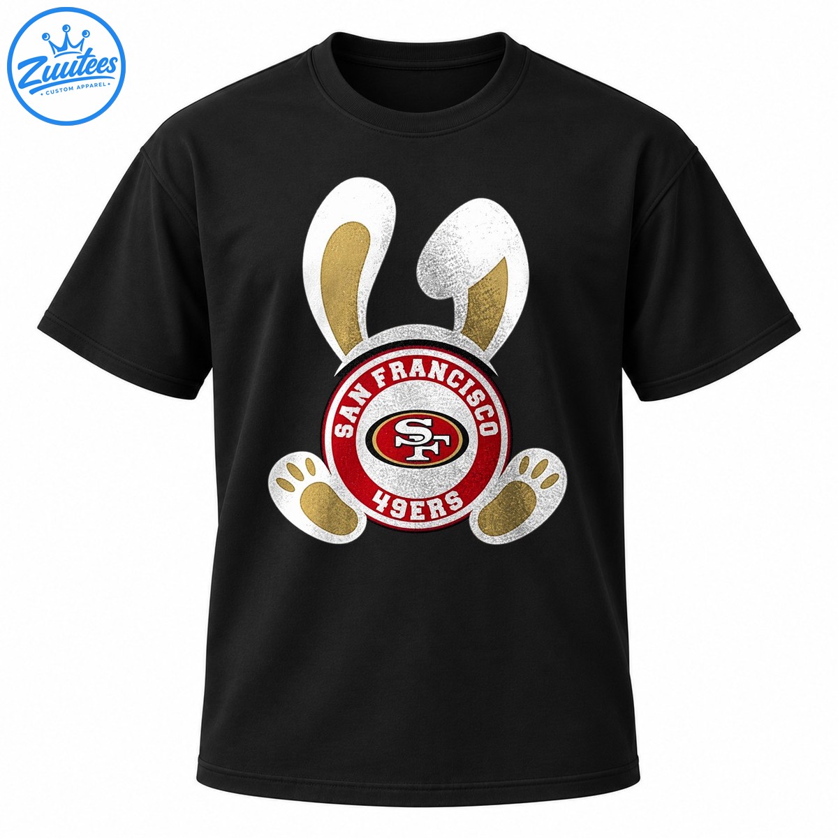 Easter bunny graphic with white ears, gold accents, paw prints, and a distressed red San Francisco 49ers emblem Easter bunny graphic with white ears, gold accents, paw prints, and a distressed red San Francisco 49ers emblem