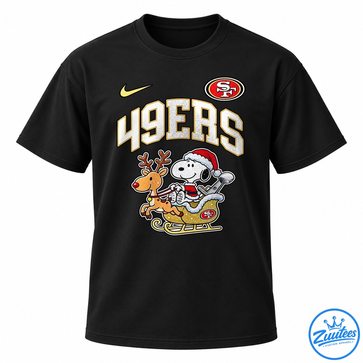 San Francisco 49ers X Peanuts Snoopy Super Bowl Faithful To The Bay Cartoon Shirt 49ers Snoopy shirt design with Snoopy in a Santa suit riding a gold sleigh pulled by a reindeer.