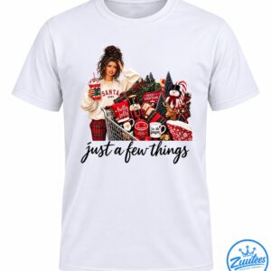 Santa Baby Christmas shopping shirt design with a woman, shopping cart, wrapped gifts, nutcracker, snowman, reindeer, and festive decorations.