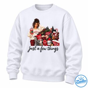 Santa Baby Christmas shopping shirt design with a woman, shopping cart, wrapped gifts, nutcracker, snowman, reindeer, and festive decorations.
