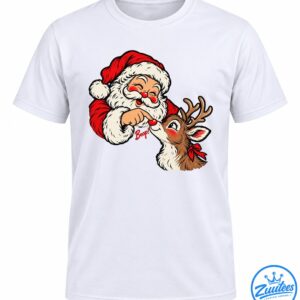 Santa Claus booping Rudolph's shiny red nose with a playful Boop caption in vintage Christmas cartoon art