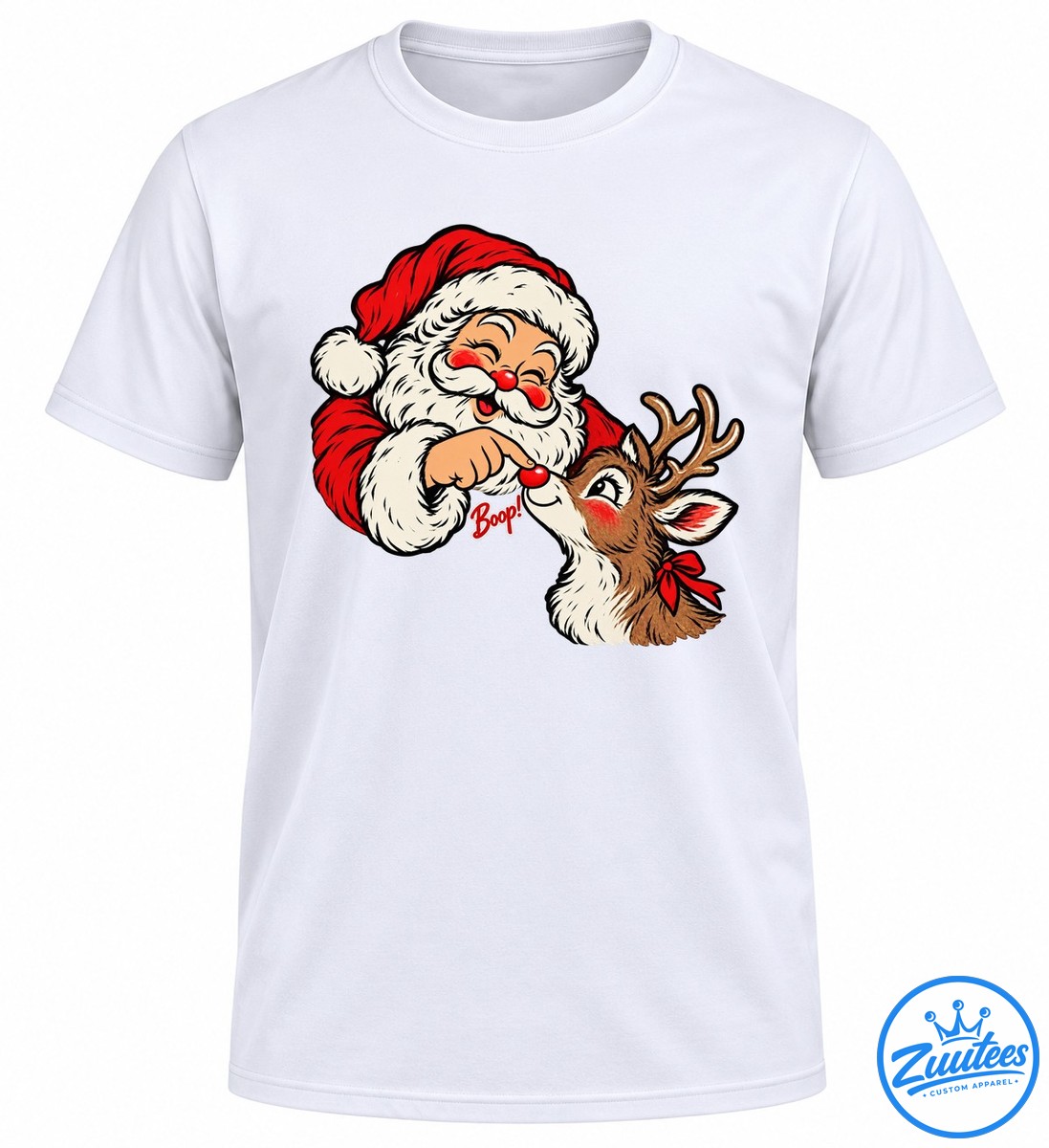 Santa Claus Booping Rudolph The Red Nosed Reindeer Shirt Santa Claus booping Rudolph's shiny red nose with a playful Boop caption in vintage Christmas cartoon art
