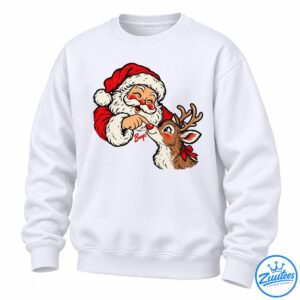 Santa Claus booping Rudolph's shiny red nose with a playful Boop caption in vintage Christmas cartoon art