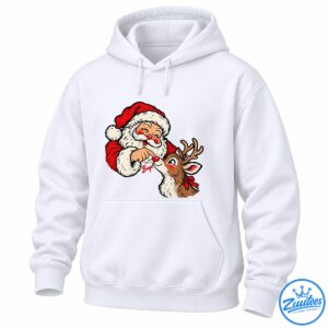 Santa Claus booping Rudolph's shiny red nose with a playful Boop caption in vintage Christmas cartoon art