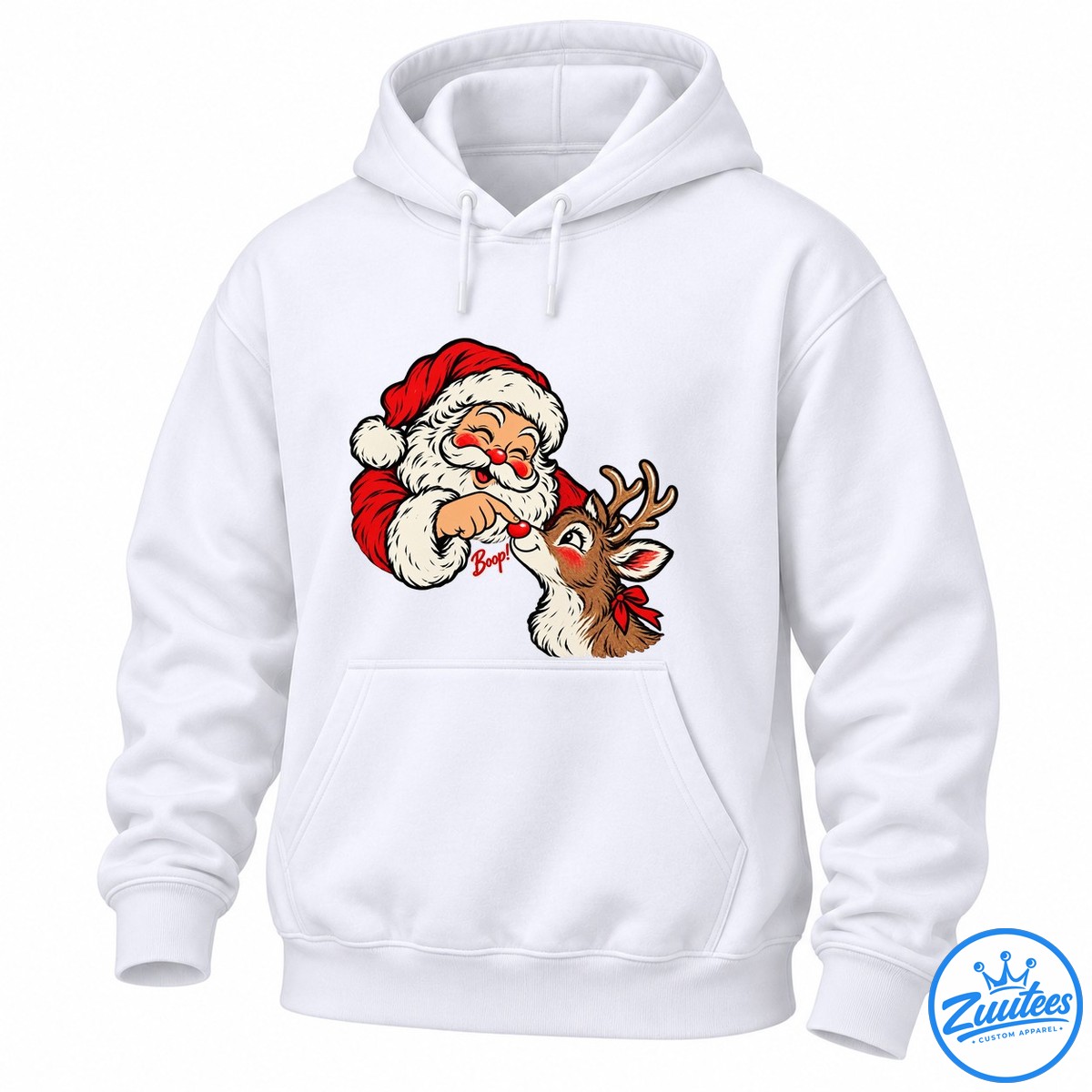 Santa Claus Booping Rudolph The Red Nosed Reindeer Shirt Santa Claus booping Rudolph's shiny red nose with a playful Boop caption in vintage Christmas cartoon art