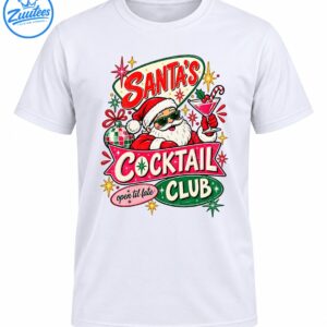 Retro Santa's Cocktail Club Open Til Late design with Santa in green sunglasses holding a pink martini and disco ornament