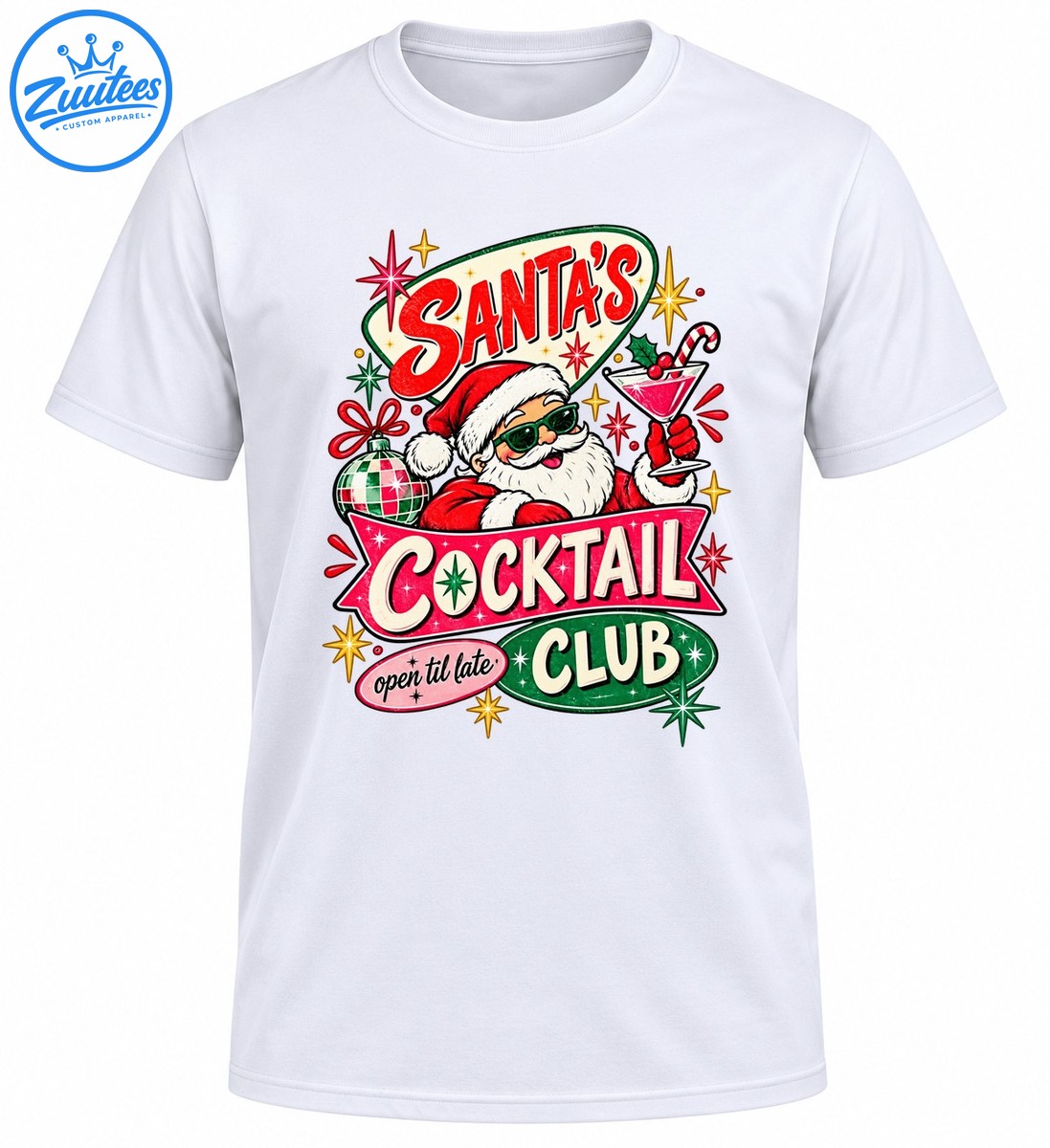 Retro Santa's Cocktail Club Open Til Late design with Santa in green sunglasses holding a pink martini and disco ornament Retro Santa's Cocktail Club Open Til Late design with Santa in green sunglasses holding a pink martini and disco ornament