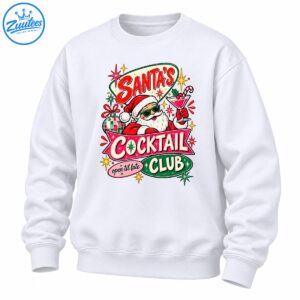 Retro Santa's Cocktail Club Open Til Late design with Santa in green sunglasses holding a pink martini and disco ornament