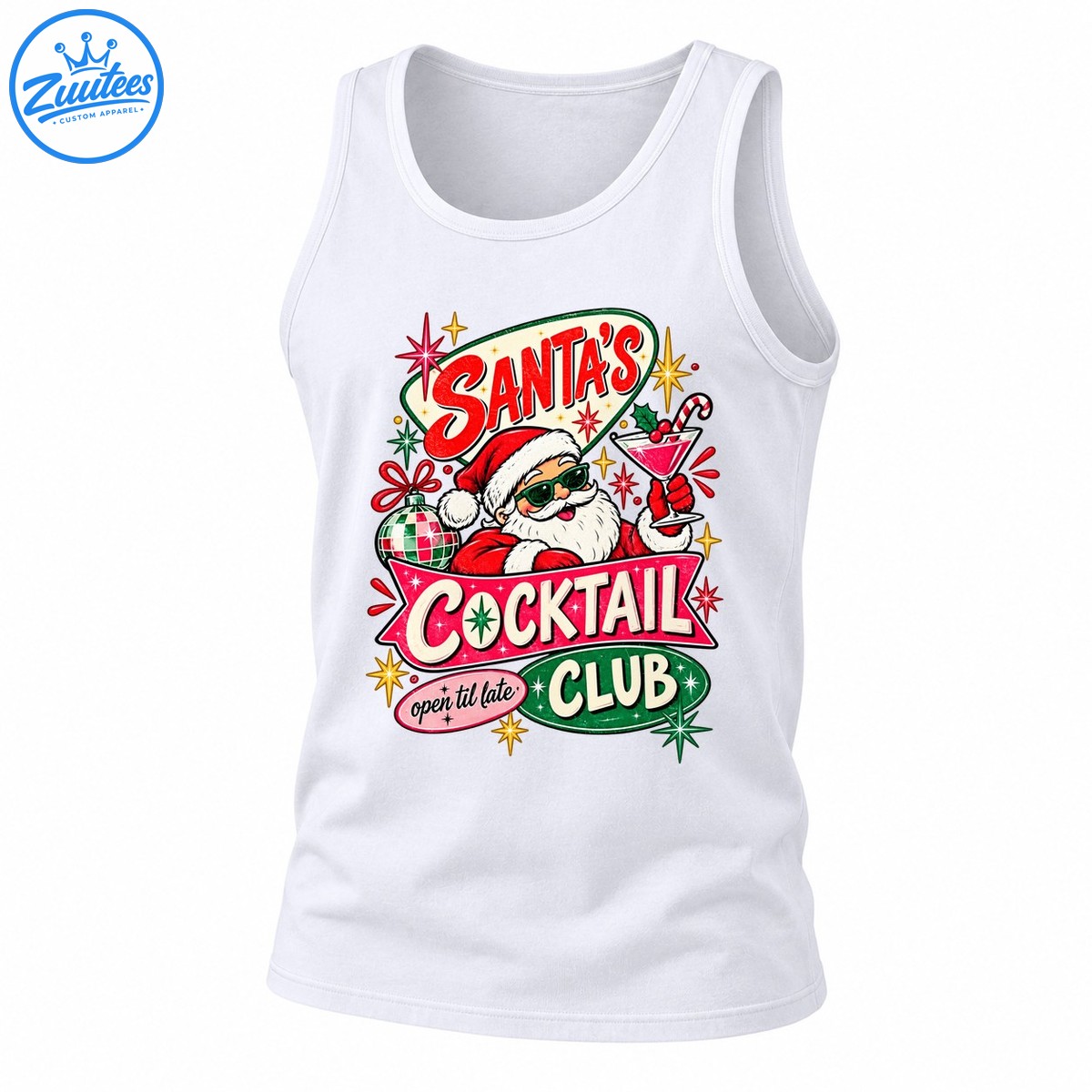 Santa's Cocktail Club Open Til Late Retro Christmas Party Tank Top