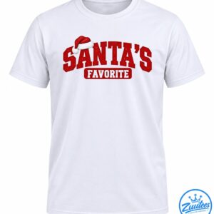 Santa's Favorite Christmas design with glittery red lettering, a red Santa hat, and white varsity text in a banner