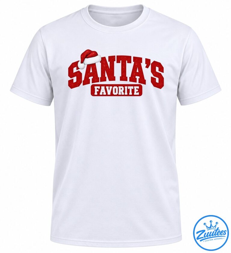 Santa's Favorite Christmas design with glittery red lettering, a red Santa hat, and white varsity text in a banner
