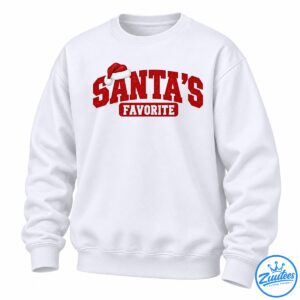 Santa's Favorite Christmas design with glittery red lettering, a red Santa hat, and white varsity text in a banner
