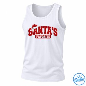 Santa's Favorite Christmas design with glittery red lettering, a red Santa hat, and white varsity text in a banner
