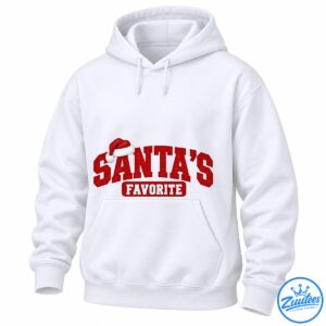 Santa's Favorite Christmas design with glittery red lettering, a red Santa hat, and white varsity text in a banner