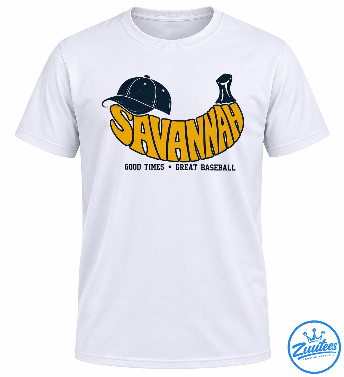 Savannah Bananas Good Times Great Baseball Shirt Bold yellow baseball lettering with a navy cap and the phrase Good Times Great Baseball.