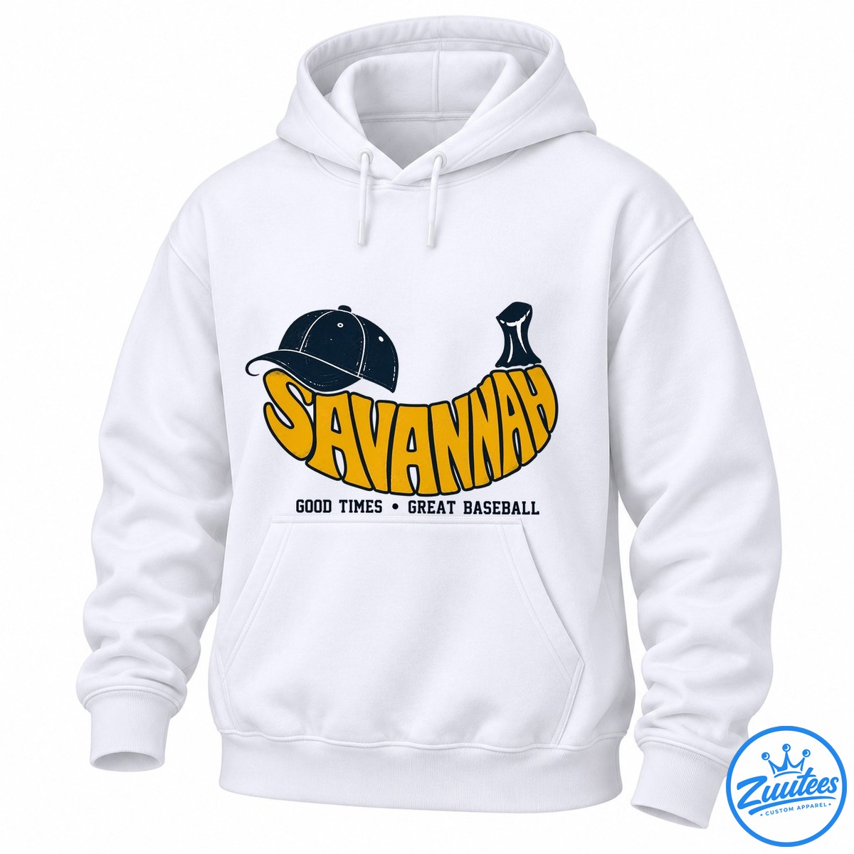 Savannah Bananas Good Times Great Baseball Shirt Bold yellow baseball lettering with a navy cap and the phrase Good Times Great Baseball.