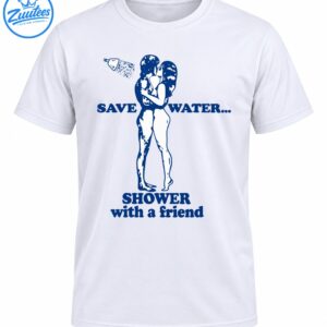 Retro blue save water shower with a friend shirt design featuring an embracing couple and a spraying showerhead