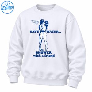 Retro blue save water shower with a friend shirt design featuring an embracing couple and a spraying showerhead
