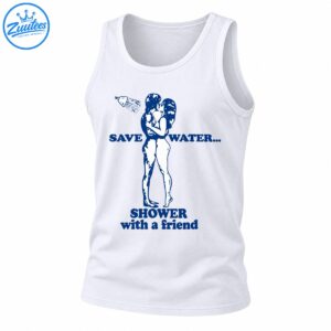 Retro blue save water shower with a friend shirt design featuring an embracing couple and a spraying showerhead