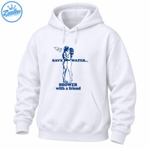 Retro blue save water shower with a friend shirt design featuring an embracing couple and a spraying showerhead