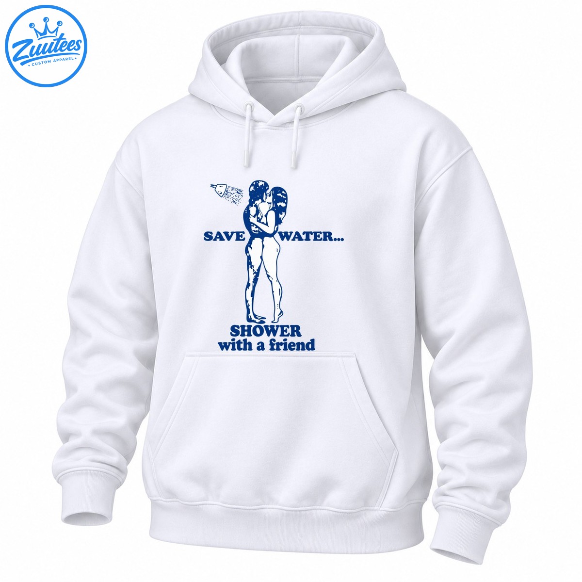 Retro blue save water shower with a friend shirt design featuring an embracing couple and a spraying showerhead Retro blue save water shower with a friend shirt design featuring an embracing couple and a spraying showerhead