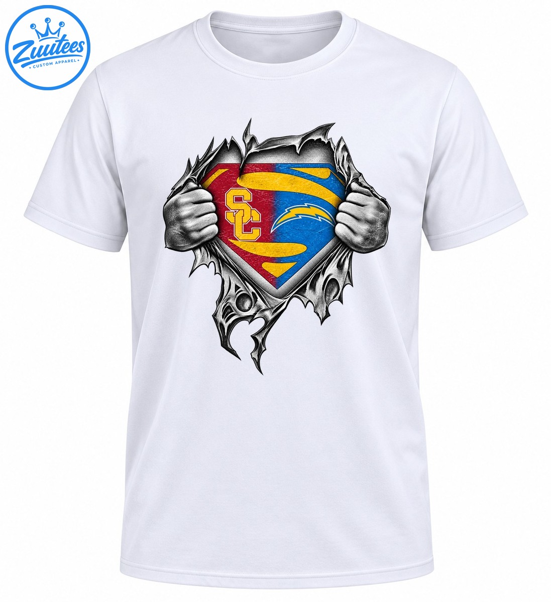 Grayscale hands tear open a jagged shield revealing cardinal red, gold, blue, yellow lightning, and SC lettering. Grayscale hands tear open a jagged shield revealing cardinal red, gold, blue, yellow lightning, and SC lettering.
