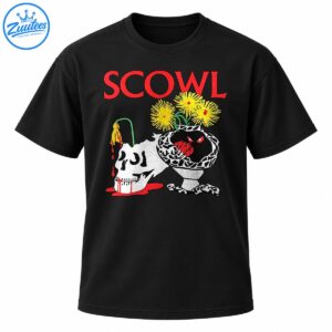 SCOWL red lettering above a white dripping skull, yellow flowers, and a patterned vessel with a sinister red-eyed creature.