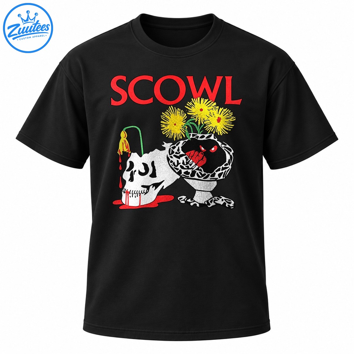 SCOWL red lettering above a white dripping skull, yellow flowers, and a patterned vessel with a sinister red eyed creature. SCOWL red lettering above a white dripping skull, yellow flowers, and a patterned vessel with a sinister red-eyed creature.