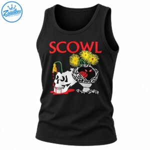 SCOWL red lettering above a white dripping skull, yellow flowers, and a patterned vessel with a sinister red-eyed creature.