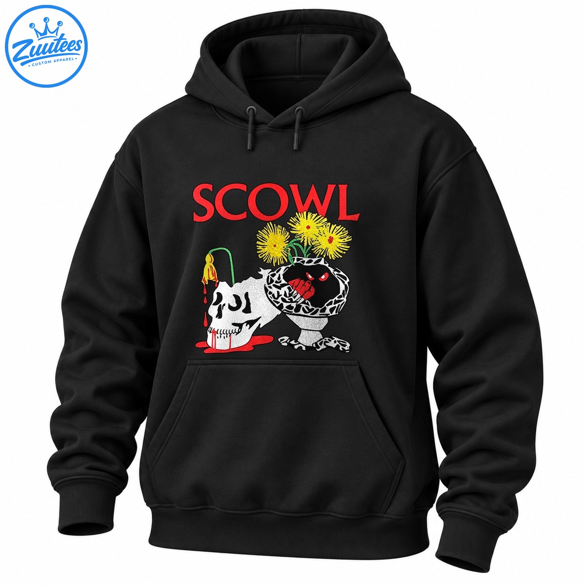 SCOWL red lettering above a white dripping skull, yellow flowers, and a patterned vessel with a sinister red eyed creature. SCOWL red lettering above a white dripping skull, yellow flowers, and a patterned vessel with a sinister red-eyed creature.